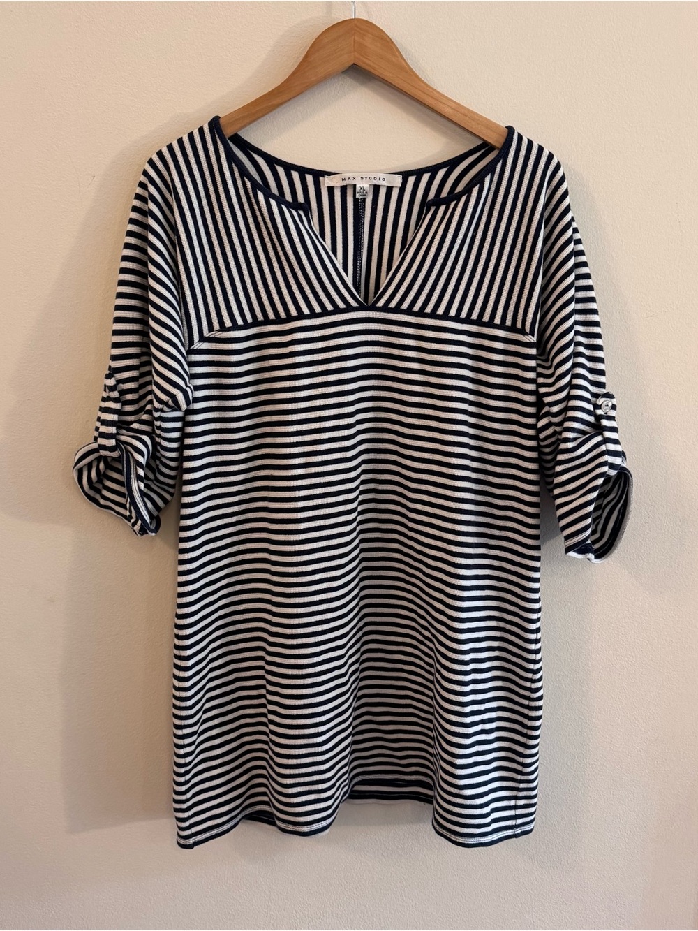 Max Studio Navy & White Striped Roll-Tab Tunic